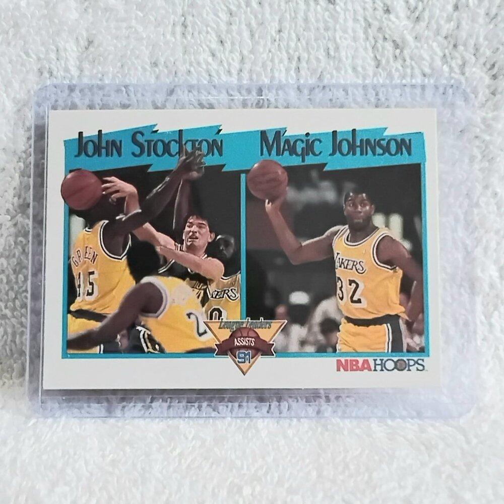 5/$20 Mint 1991 NBA Hoops Stockton/Johnson League Leaders Assists NBA Card 312!!